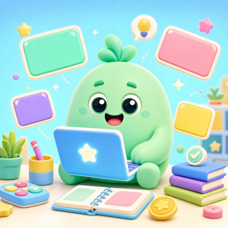 Mint mascot creating a quiz on a toy laptop