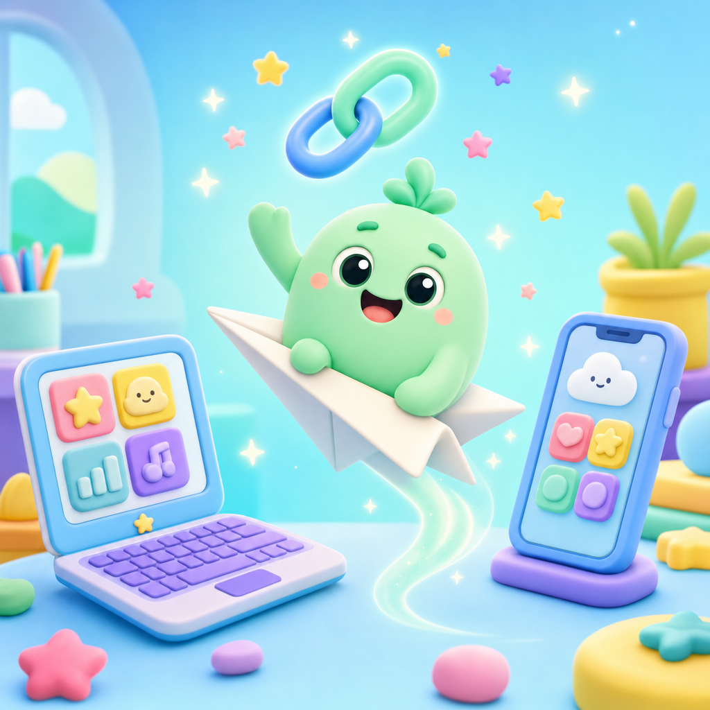 Mint mascot flying a paper airplane between a laptop and a phone