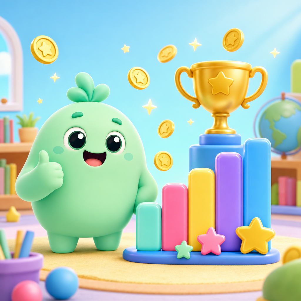 Mint mascot celebrating beside a rising chart and trophy